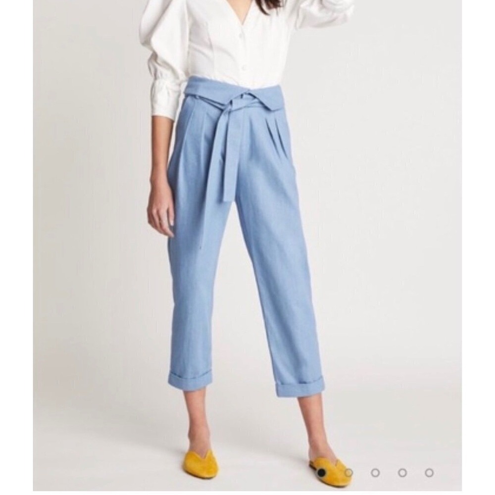 Choosy Womens High‎ Waisted Paperbag Tie Waist Blue Cotton Pants 6 1903PA07 NWT